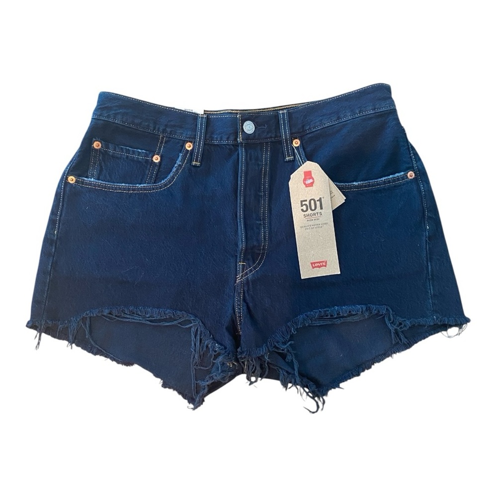NWT Levi's 501 High-Rise Jean Shorts - Dark Blue Wash + Frayed Hem Size 30